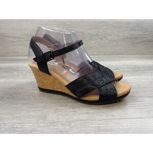 Clarks Helio Latitude Women's Sandal Slingback Strappy Wedge Leather 7.5 Black